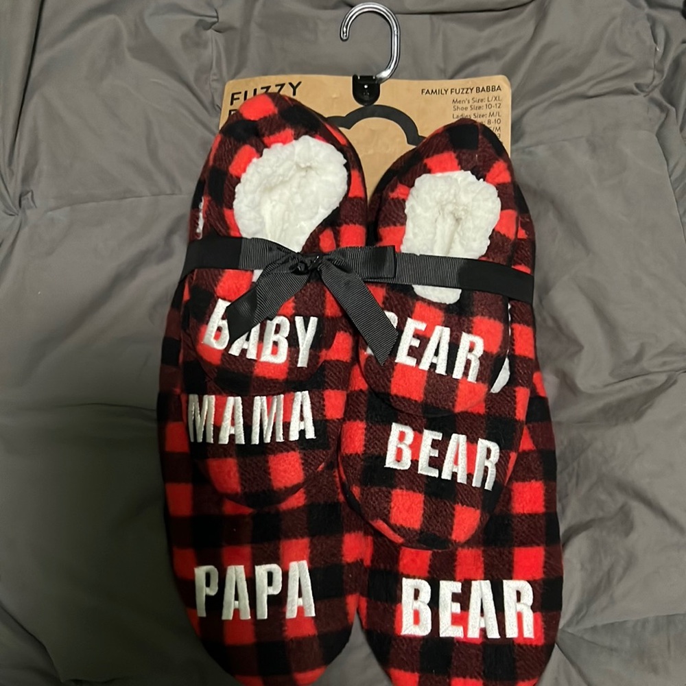 Houseshoes, buffalo plaid mama,pap and baby bear